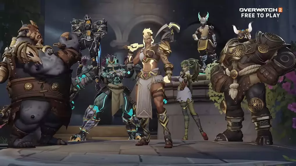 Seven Overwatch 2 Heroes in their Event Skins for Battle of Olympus Limited Time Event