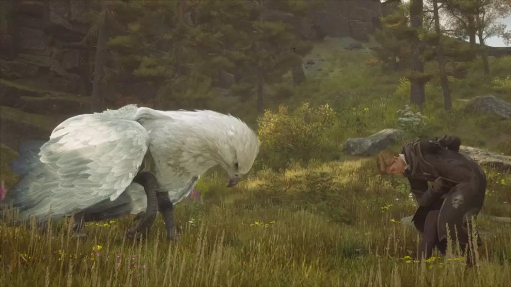 Hogwarts Legacy Character and Hippogriff Creature Bowing Down to Each Other