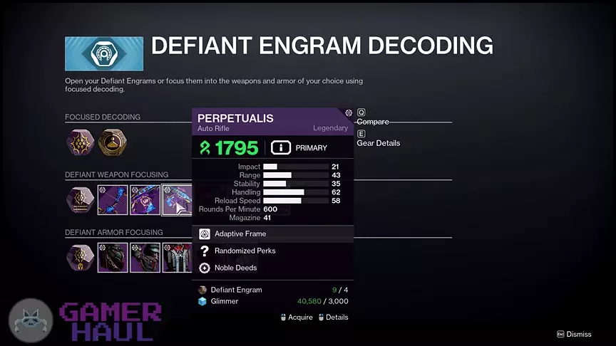 Defiant Engram Decoding for the Perpetualis Auto Rifle at the HELM in Destiny 2 Season of Defiance