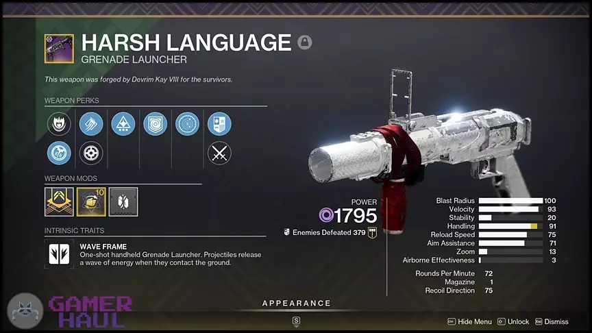 PvE God Roll Perks for Harsh Language Grenade Launcher in Destiny 2