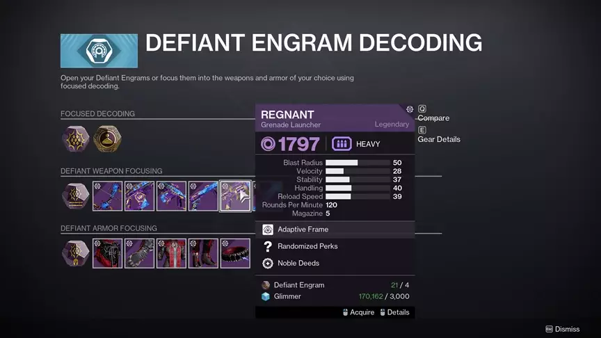 Defiant Weapon Decoding at the War Table for acquiring Regnant Grenade Launcher in Destiny 2