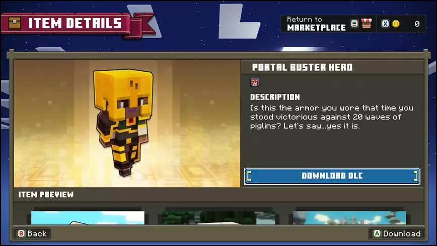 In-game screenshot of Minecraft Legends featuring the earnable free skin named Portal Buster Hero