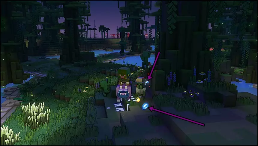 In-game screenshot of Minecraft Legends with arrows pointing out the Lapis mineral dropped from defeating piglins