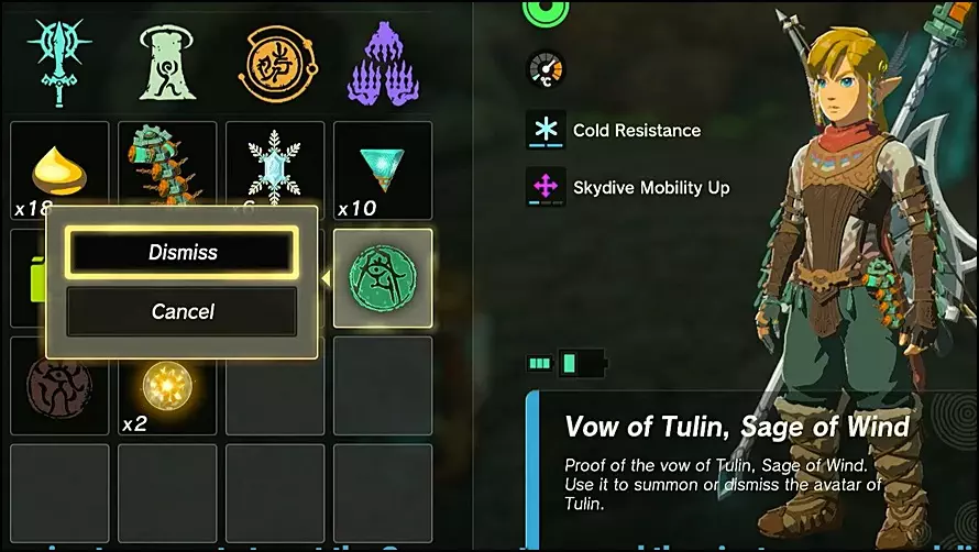 Dismiss or Summon Vow of Tulin, Sage of Wind from Inventory in Zelda Tears of the Kingdom (TOTK)