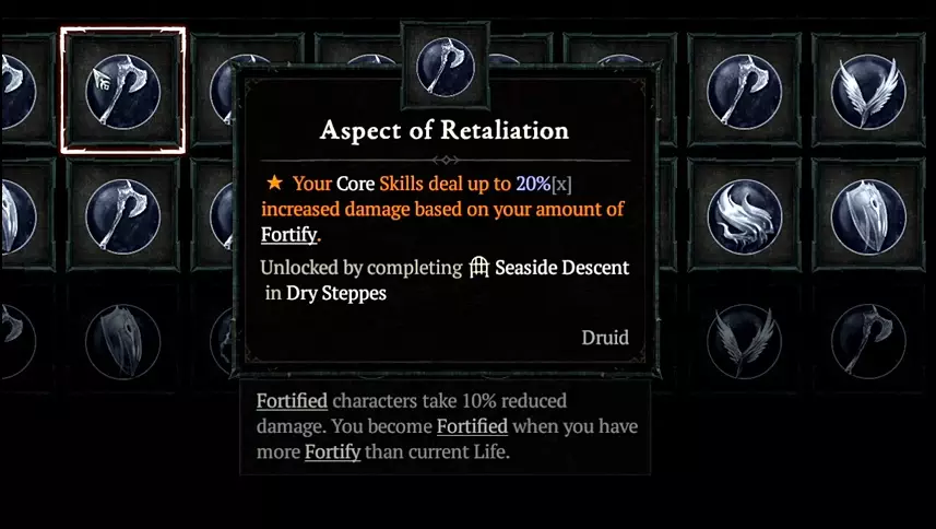 Aspect of Retaliation, a legendary Druid aspect that increases Skill damage based on Fortify value in Diablo 4 (D4)