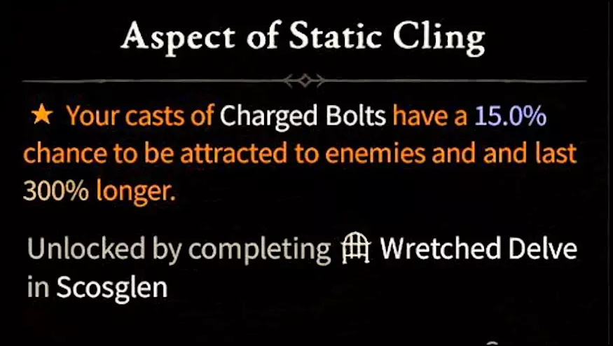 Aspect of Static Cling - Offensive Aspect of Sorcerer in Diablo 4 (D4)