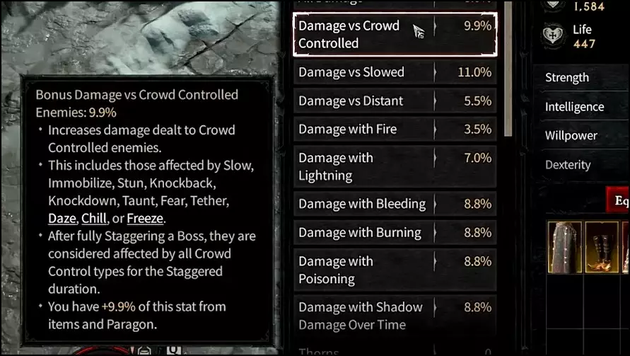 Bonus Damage vs. Crowd Controlled Enemies Offensive Stat in Diablo 4 (D4)