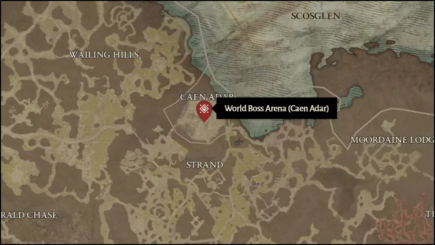 Caen Adar World Boss Arena Location in Diablo 4