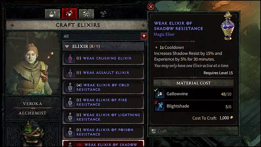 Crafting Magic Elixirs at the Alchemist in Diablo 4 to Increase Experience Gain