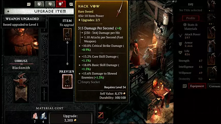Upgrading the Hack Vow Sword Using Silver Ore and Iron Chunks in Diablo 4