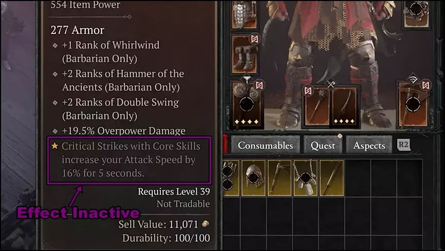 Aspects Stack: Greyed Out Inactive Aspect Effect Due to Duplicate Copies in Diablo 4 (D4)