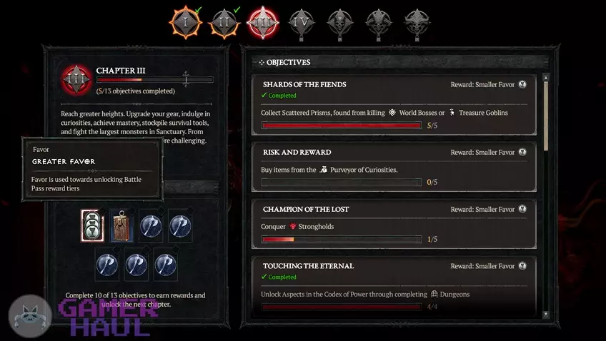 Season Journey chapter offering Greater Favor reward to level up battle pass in Diablo 4 (D4)