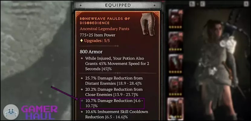 Rogue Pants with the +X% Damage Reduction affix in Diablo 4 (D4)