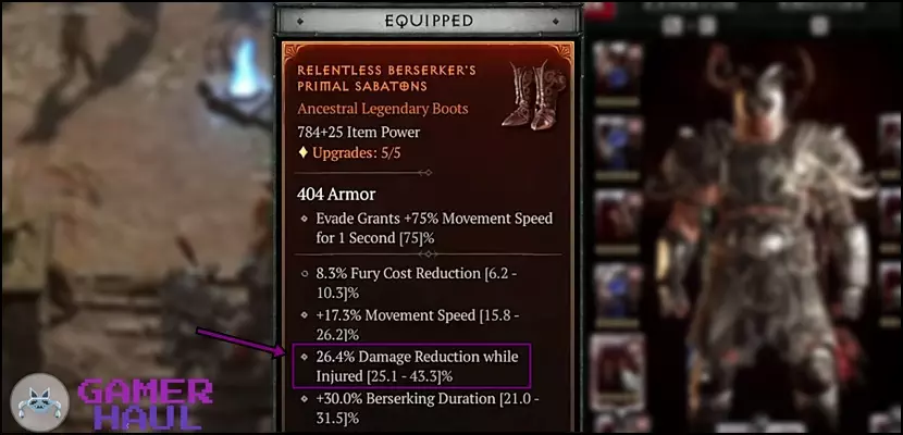 Damage Reduction while Injured Boots Roll for Barbarian in Diablo 4 (D4)