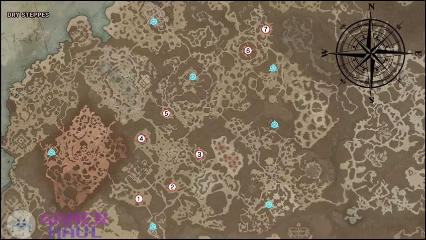 World Event Locations Map of Dry Steppes Helltide Zone in Diablo 4 (D4)