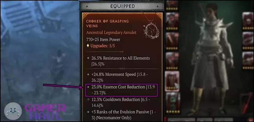 essence cost reduction necromancer amulet roll in Diablo 4 (D4)