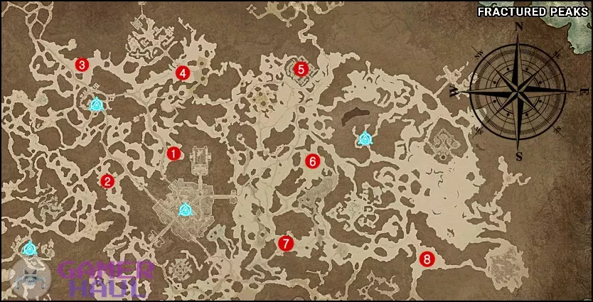 World Event Locations Map of Fractured Peaks Helltide Zone in Diablo 4 (D4)