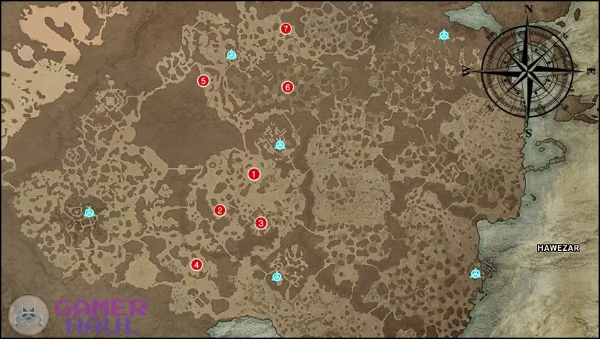 World Event Locations Map of Hawezar Helltide Zone in Diablo 4 (D4)