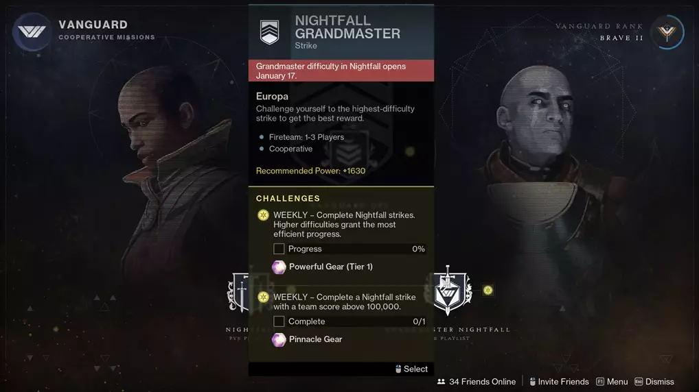 Destiny 2 Screenshot Showing Grandmaster Nightfall Playlist Option in Vanguard