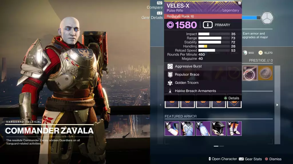 Commander Zavala and Veles-X Pulse Rife Ritual Weapon in Destiny 2