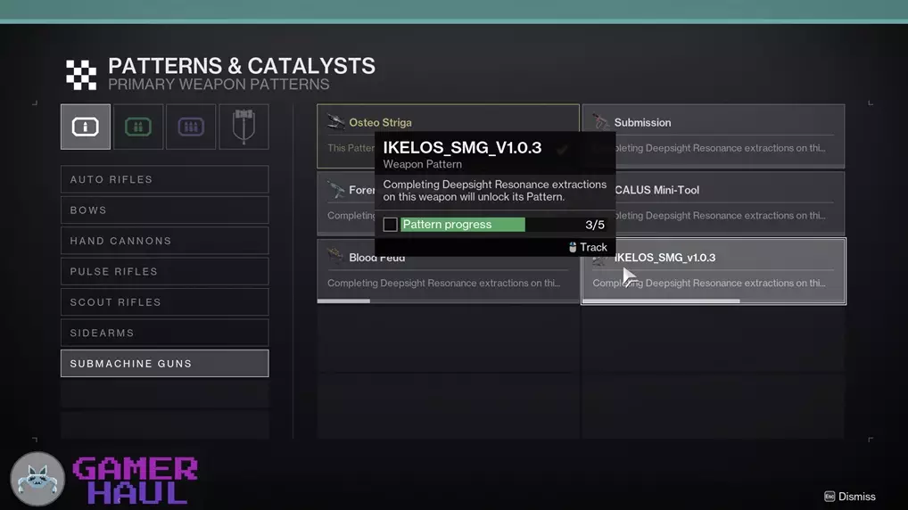 Screenshot of Weapon Patterns and Catalysts Section in Destiny 2