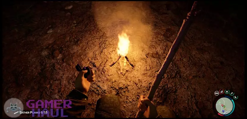 Screenshot of a burning campfire in Sons of the Forest