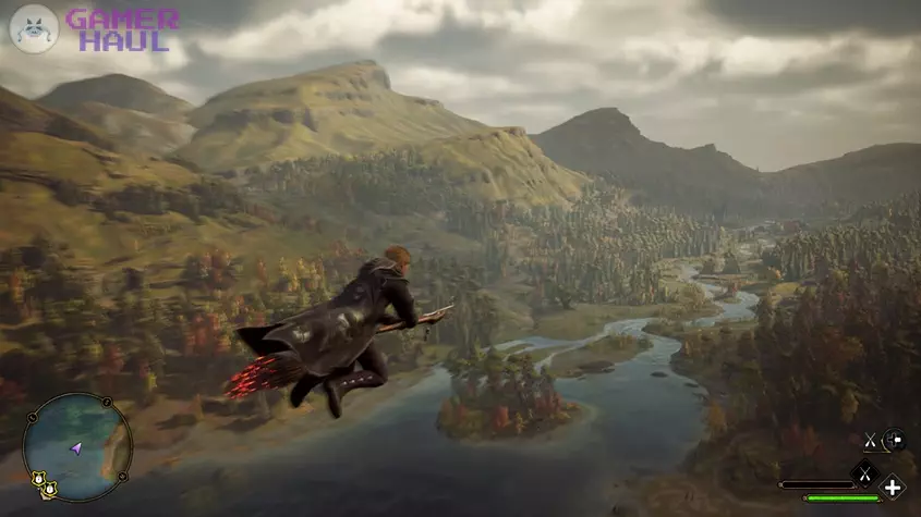 Hogwarts Legacy Screenshot Featuring Broom Flight over River Scenery