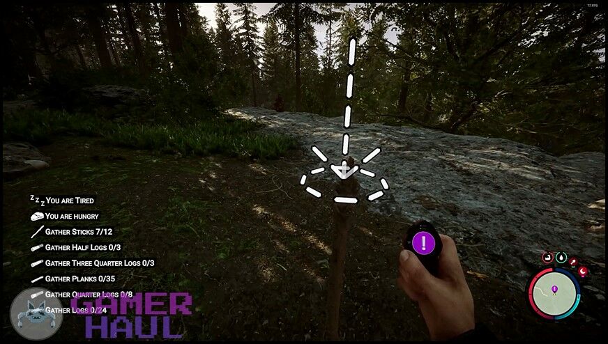 Placing a GPS Locator on top of a stick in sons of the forest for marking location on map