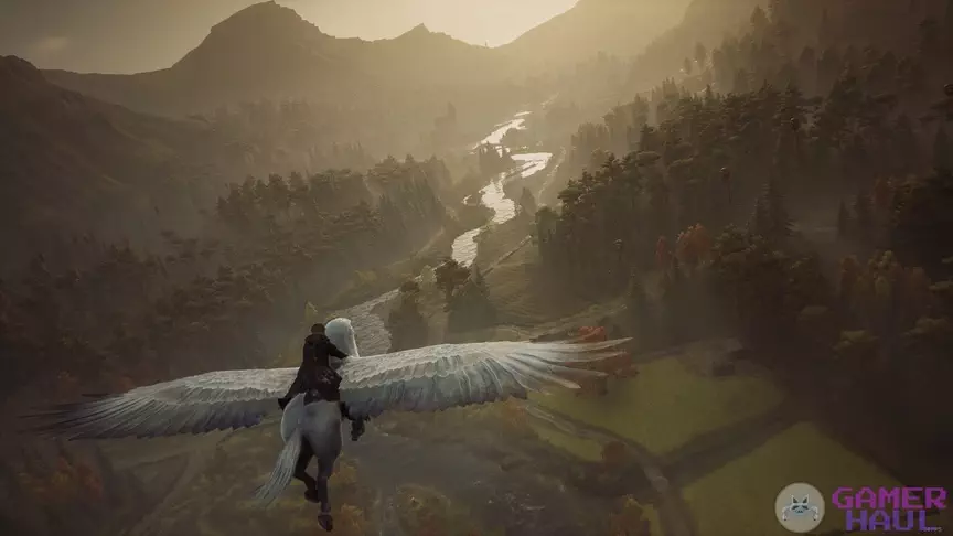 Beautiful Hogwarts Legacy Screenshot Flying on Hippogriff Over River