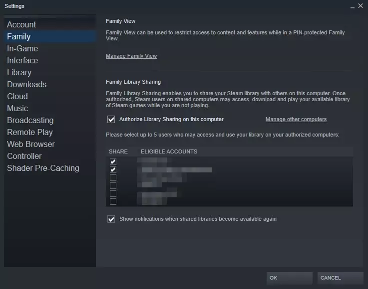 Screenshot of Family Option in Steam Settings