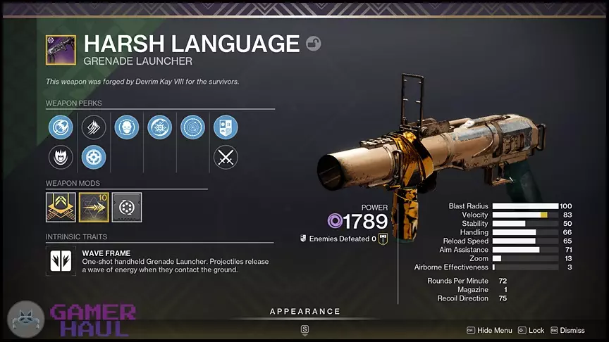 PvP God Roll Perks for Harsh Language Grenade Launcher in Destiny 2