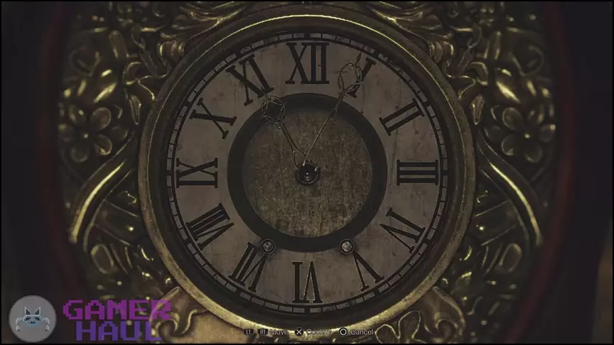 screenshot of the grandfather clock in the resident evil 4 library with the correctly set time