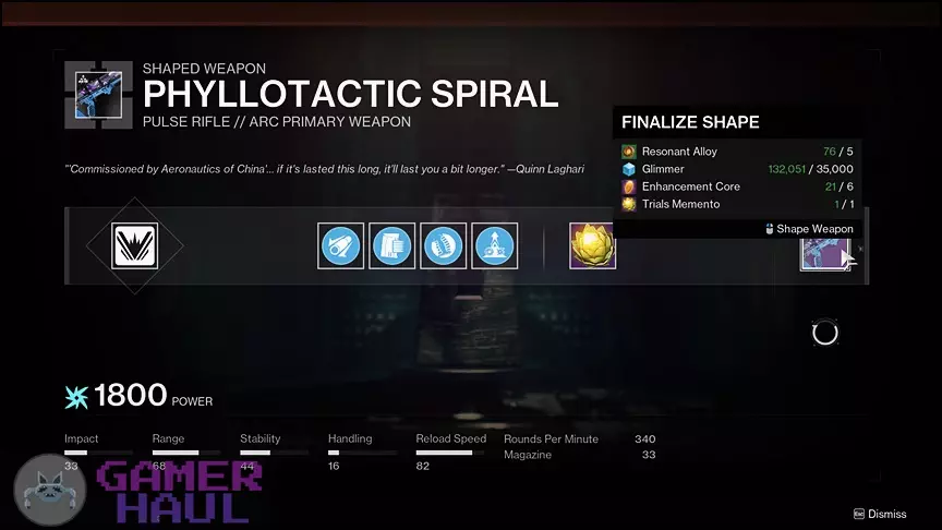 Crafting Screen of Phyllotactic Spiral in Destiny 2