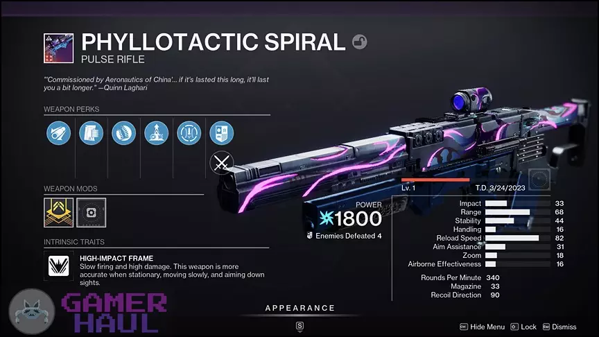 In-Game Screenshot of a Level One Phyllotactic Spiral Destiny 2 Pulse Rifle