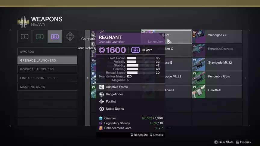 Screenshot Locating the Regnant Grenade Launcher in Weapon Collections Tab in Destiny 2