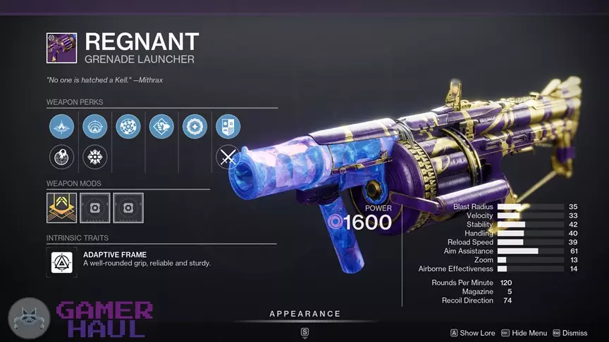 Possible Rolls on the Regnant Grenade Launcher in Destiny 2 Season of Defiance