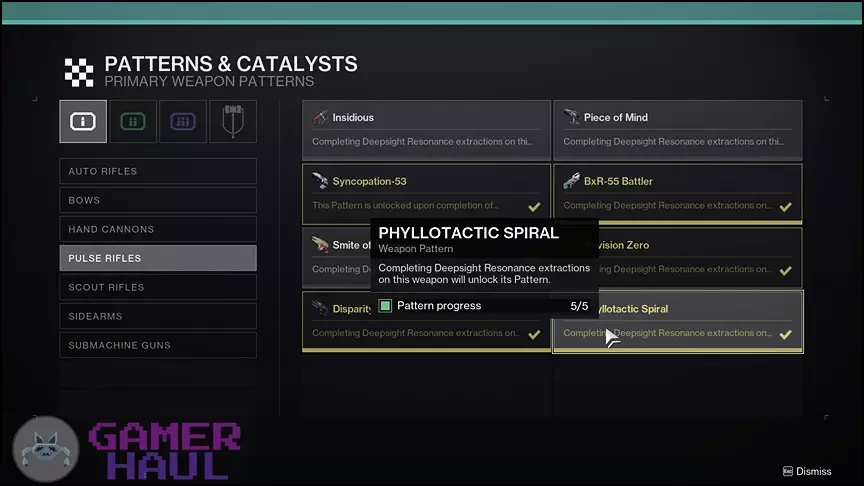 Phyllotactic Spiral in Patterns and Catalysts Menu in Destiny 2