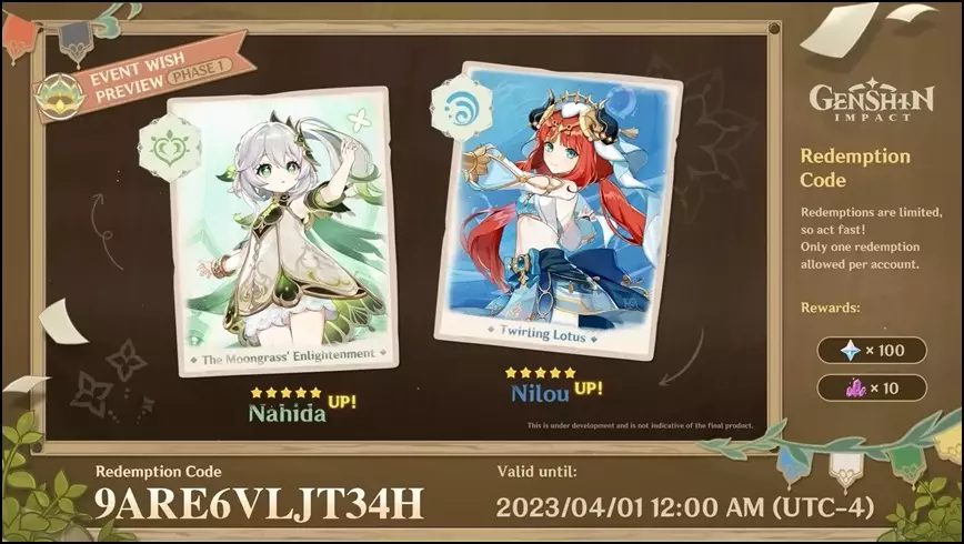 Nahida and Nilou Character Banner in Genshin Impact version 3.6