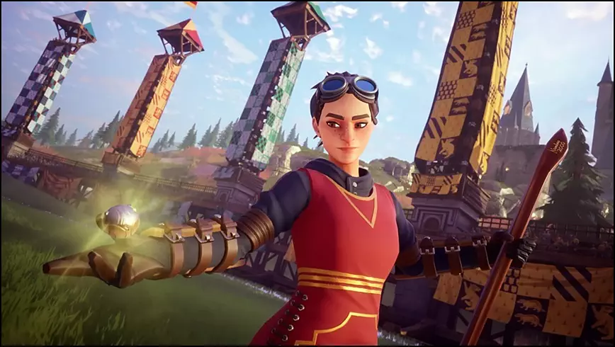 A screenshot from the Harry Potter: Quidditch Champions playtests trailer featuring player catching the golden snitch