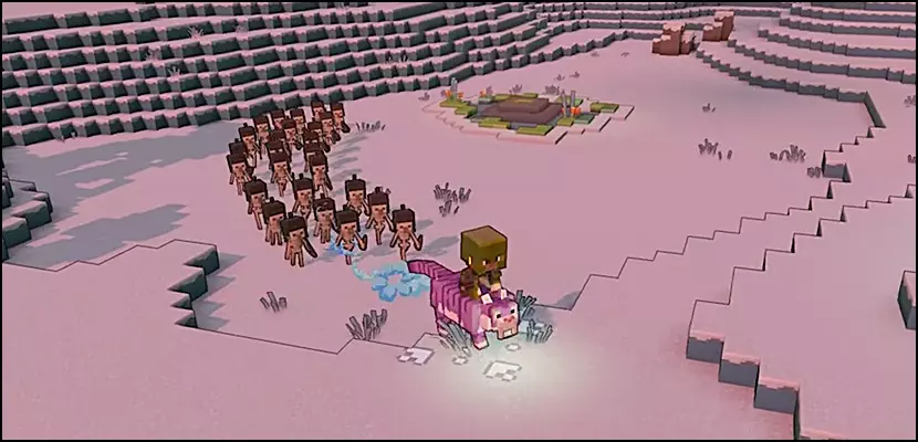 Minecraft Legends screenshot featuring player leading a mob of skeletons to battle