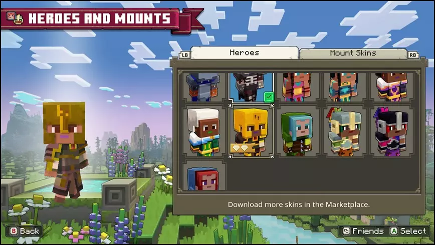 Heroes and Mounts Screen in Minecraft Legends featuring all owned skins in the game