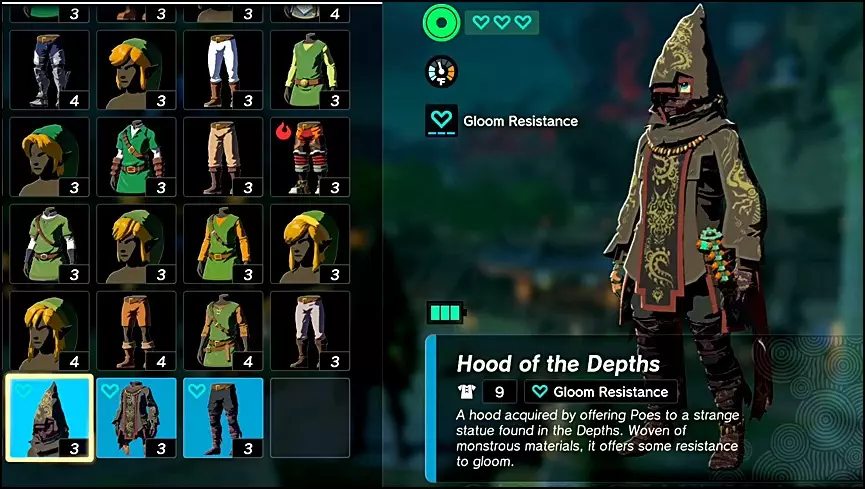 In game screenshot of Depths Armor in The Legend of Zelda: Tears of the Kingdom (TOTK)
