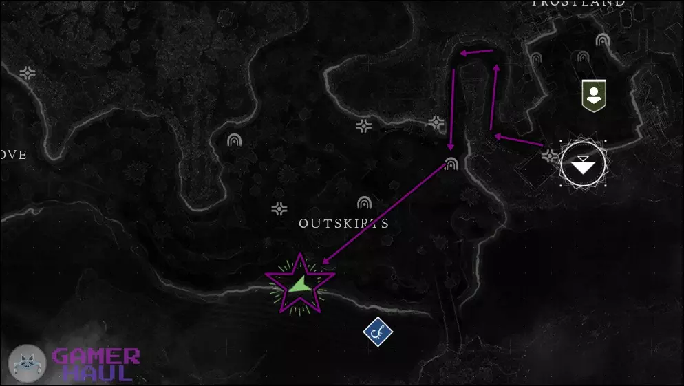 Destiny 2 Map with marked directions to EDZ Fishing Pond location