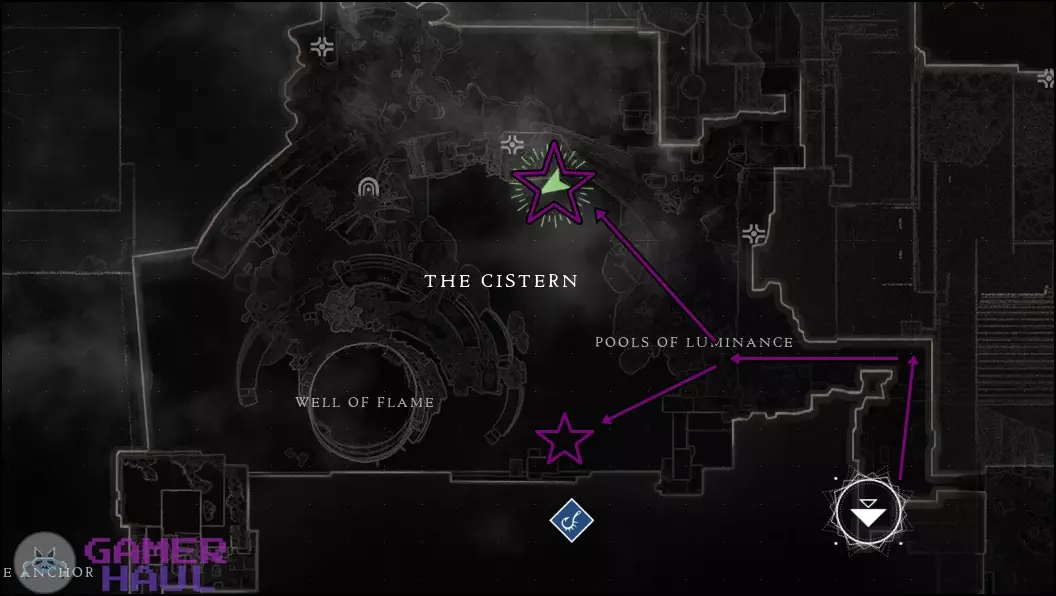 Destiny 2 Map with marked directions to Nessus Fishing Pond locations