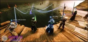Five players fishing together in edz fishing pond in Destiny 2