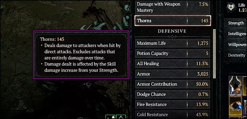 In game screenshot of Thorns stat in Diablo 4 (D4)