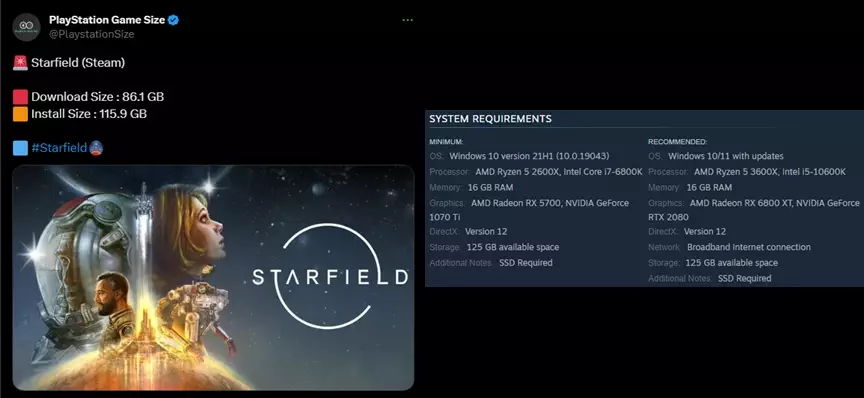 Starfield Download & Installation Storage Size for Steam PC