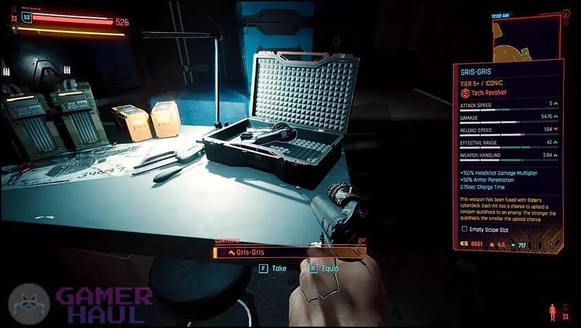 Screenshot of Gris Gris Revolver inside Briefcase in The Damned Main Mission of Cyberpunk 2077: Phantom Liberty
