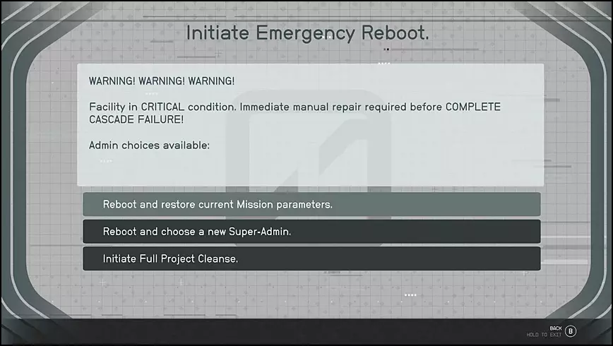 Reboot and Restore Current Mission Parameters Option in the Operation Starseed Mission of Starfield