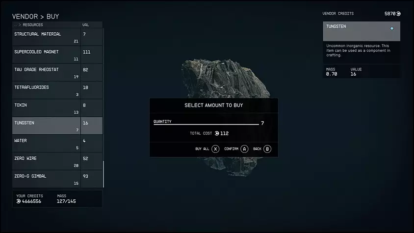 Screenshot of Buying Tungsten from Vendors in Starfield